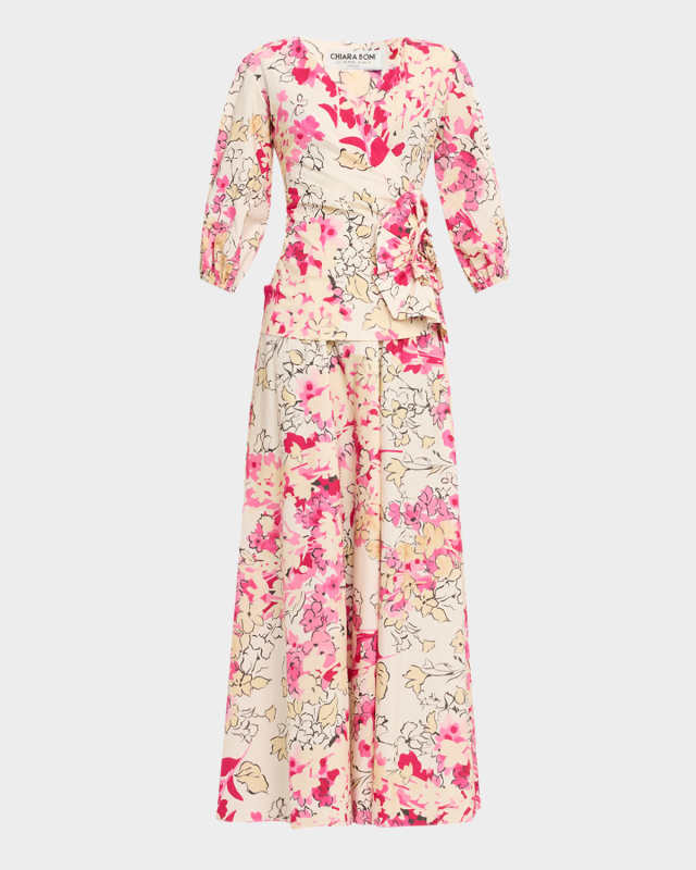 Floral-Print Side Ruffle Gown